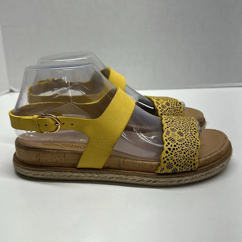 Ferragamo Sandals Shoes Espadrilles Open Toe Laser Cut Leather Yellow Size 8